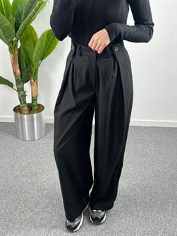 Düğme Detay Siyah Palazzo Pantolon