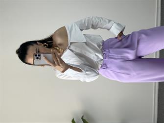 Düşük Omuz Beyaz Asimetrik Gömlek