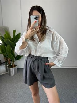 Düşük Omuz Gri Çizgili Gömlek 