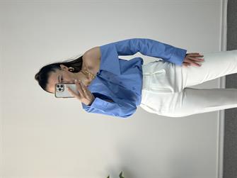 Düşük Omuz Mavi Asimetrik Gömlek