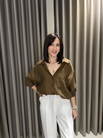 Düşük Omuz Tensel Gömlek KAHVE