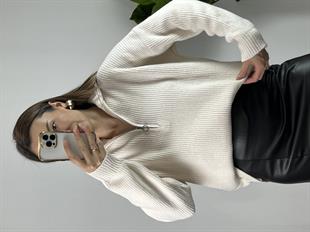 Fermuarlı Yün Ekru Kazak