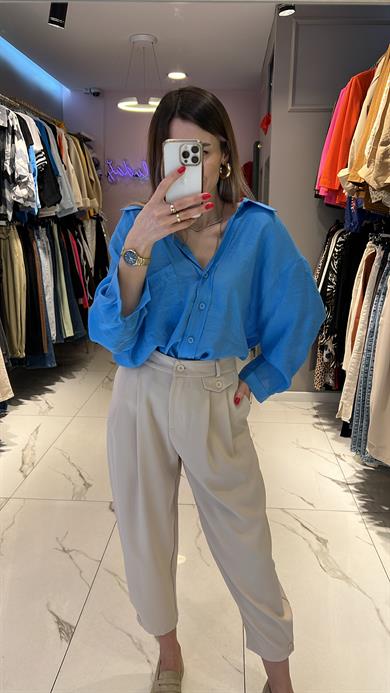 Fsp Mavi Tensel Owersize Düşük Omuz Gömlek