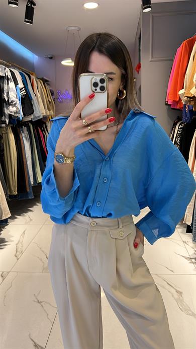 Fsp Mavi Tensel Owersize Düşük Omuz Gömlek