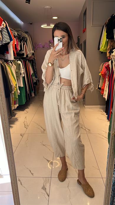 Fsp Püsküllü Çizgili Keten Takım 