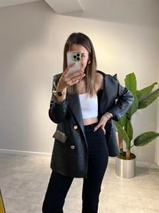 Gold Düğme Deri Blazer Ceket