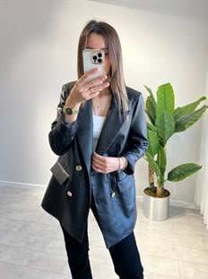 Gold Düğme Deri Blazer Ceket