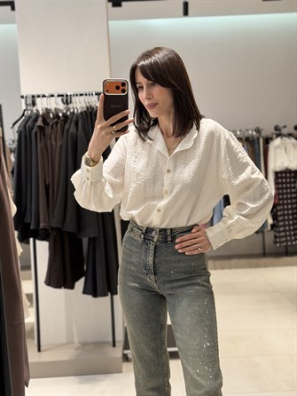 Gold Düğme Dokulu Gömlek BEYAZ