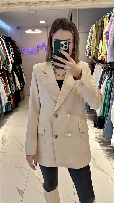 Gold Düğme Krem Blazer 
