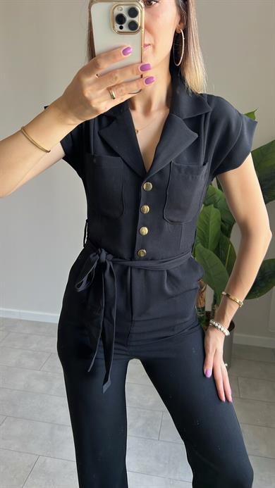 Gold Düğme Siyah Tulum 