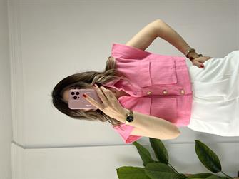 Gold Düğmeli Pembe Yelek