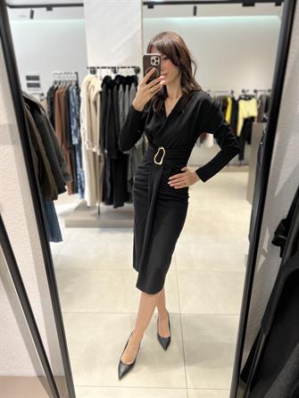 Gold Toka Detay Midi Boy Elbise SİYAH