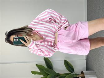 Ham Keten Çizgili Pembe Gömlek