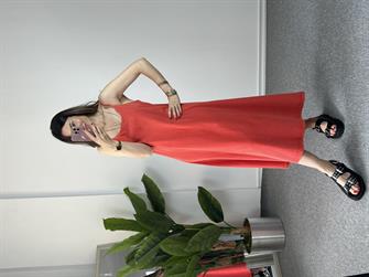 İp Askılı Yıkamalı Kırmızı Elbise