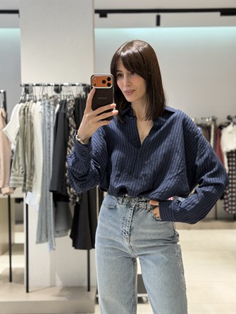 Kabartma Çizgili Gömlek LACİVERT