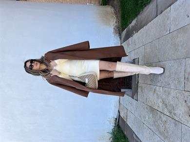 Kahve Kuşaklı Kaşe Kaban