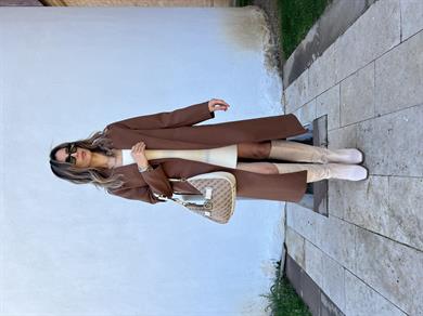 Kahve Kuşaklı Kaşe Kaban