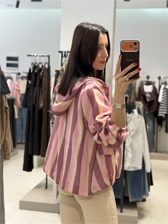 Kapişonlu Çizgili Bomber Ceket PEMBE