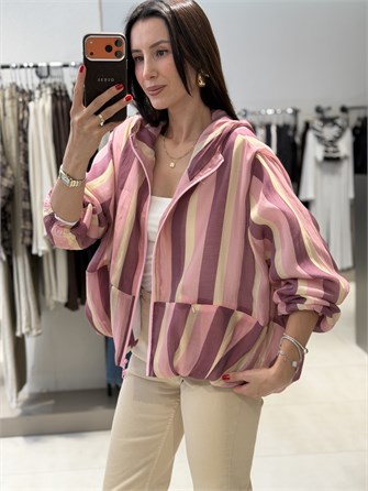 Kapişonlu Çizgili Bomber Ceket PEMBE