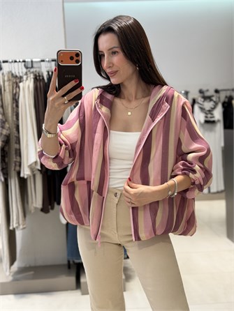 Kapişonlu Çizgili Bomber Ceket PEMBE
