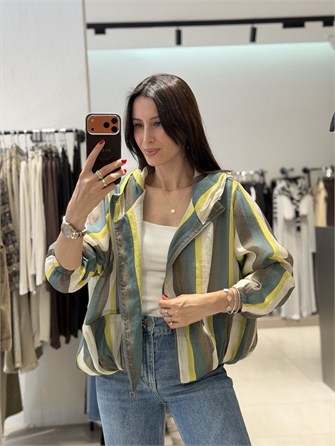 Kapişonlu Çizgili Bomber Ceket YEŞİL