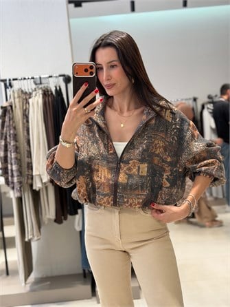 Kapişonlu Etnik Desen Bomber KAHVE