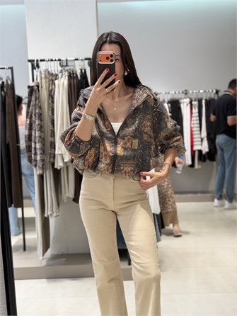 Kapişonlu Etnik Desen Bomber KAHVE