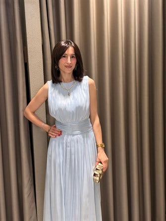 Kavis Yaka Şifon Elbise MAVİ