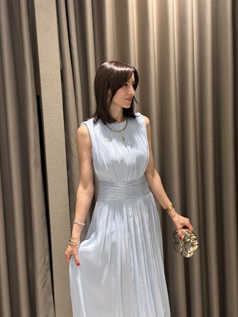 Kavis Yaka Şifon Elbise MAVİ