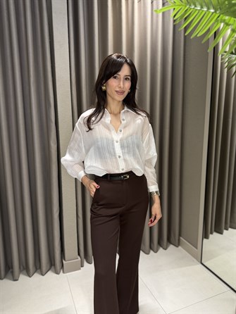 KEMERLİ FLARE KUMAŞ PANTOLON KAHVE