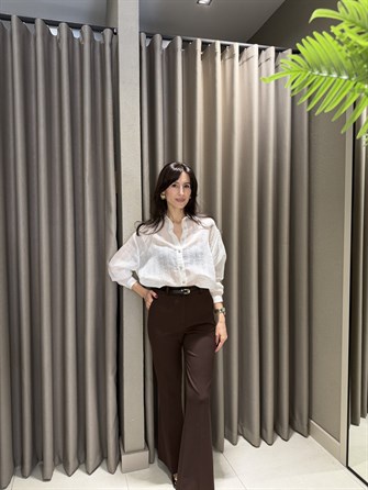 KEMERLİ FLARE KUMAŞ PANTOLON KAHVE