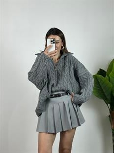 Kemerli Gri Şort Etek