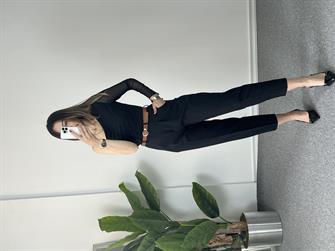 Kemerli Havuç Paça Siyah Pantolon