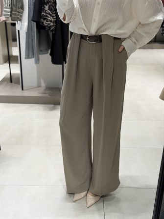 Kemerli Pileli Palazzo Pantolon VİZON