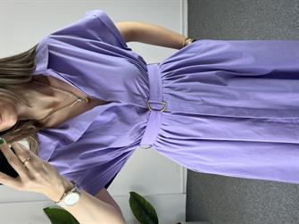 Kemerli Poplin Lila Elbise 