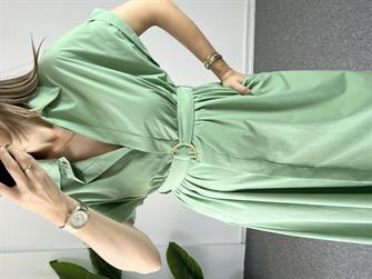 Kemerli Poplin Yeşil Elbise 