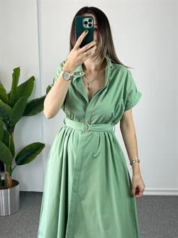 Kemerli Poplin Yeşil Elbise 