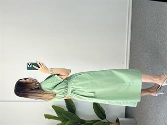 Kemerli Poplin Yeşil Elbise 