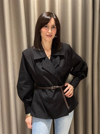 Kemerli Vatkalı Poplin Gömlek SİYAH