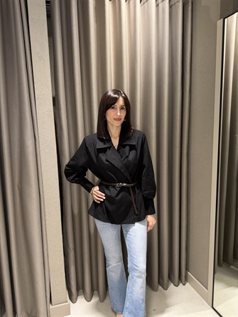 Kemerli Vatkalı Poplin Gömlek SİYAH