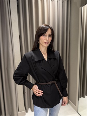 Kemerli Vatkalı Poplin Gömlek SİYAH