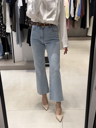 Kesik Paça Flare Jean BUZ MAVİ