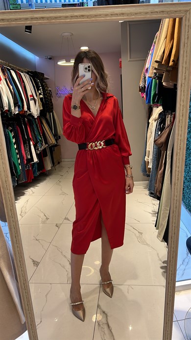 Kırmızı Saten Kemerli Elbise