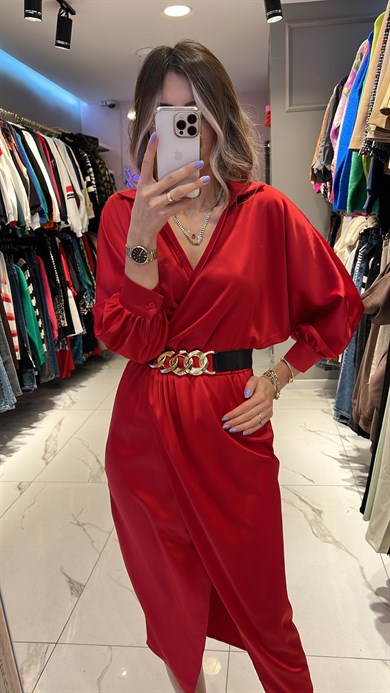 Kırmızı Saten Kemerli Elbise