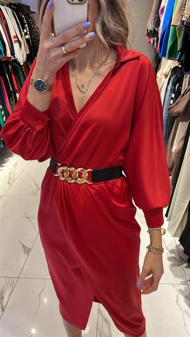 Kırmızı Saten Kemerli Elbise