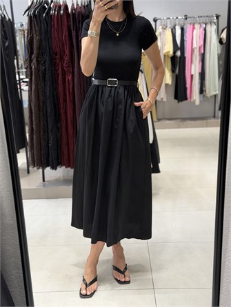 Kısa Kollu Kemerli Elbise SİYAH