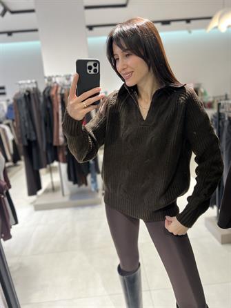 Kot Yaka Saç Örgü Kazak kahve STD