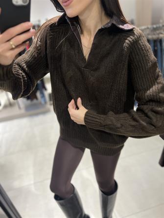 Kot Yaka Saç Örgü Kazak kahve STD