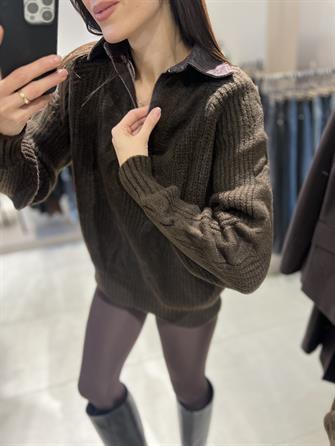 Kot Yaka Saç Örgü Kazak kahve STD