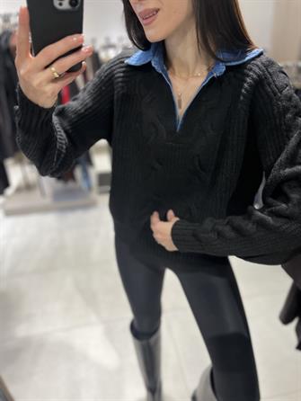 Kot Yaka Saç Örgü Kazak Siyah STD